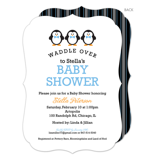 Three Blue Penguins Waddle Over Shower Invitations